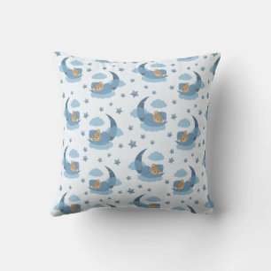 Blue Sleeping Baby Bear On Moon Clouds & Stars Throw Pillow