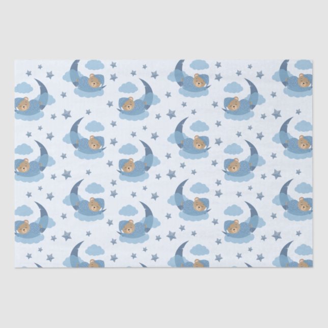 Blue Sleeping Baby Bear On Moon Clouds & Stars Tissue Paper (Front)