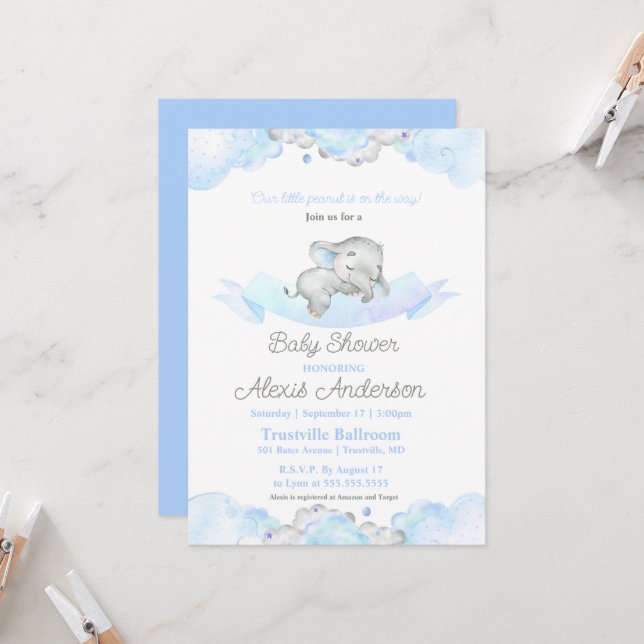 Blue Sleeping Baby Elephant Baby Shower Invitation (Front/Back In Situ)