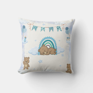 Blue Sleeping Teddy Bear Nursery Throw Pillow