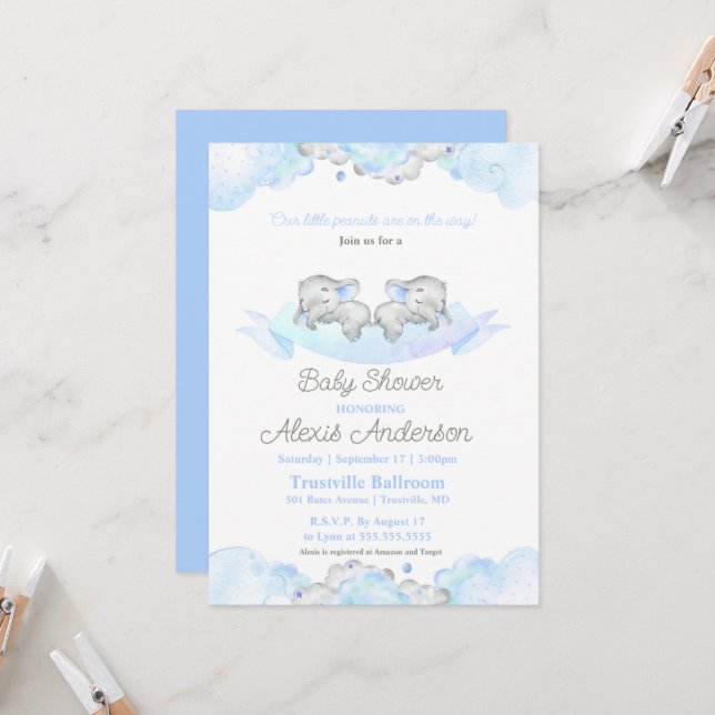 Blue Sleeping Twins Baby Elephants Baby Shower  Invitation (Front/Back In Situ)