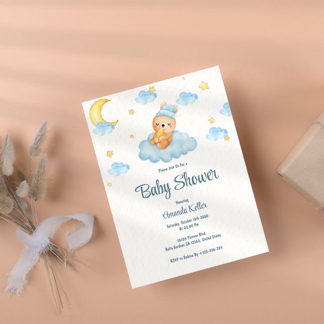 Blue Sleepy Bear Baby Shower Invitation (Creator Uploaded)