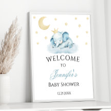Blue Sleepy Elephant Baby Boy Shower Welcome