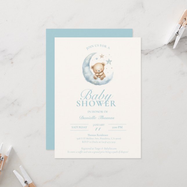 Blue Sleepy Teddy Bear Boy Baby Shower Invitation  (Front/Back In Situ)