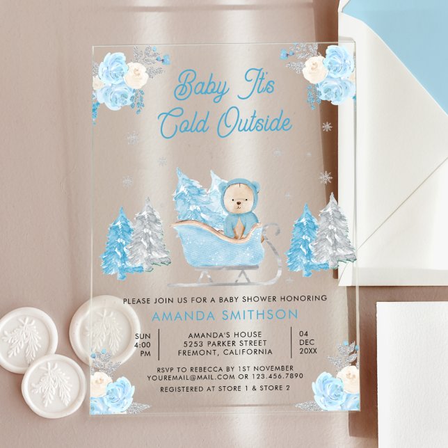 Blue Sleigh Cute Teddy Bear Baby Shower Acrylic Invitations (Creator Uploaded)