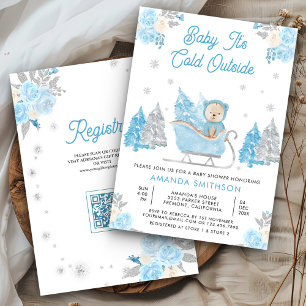Blue Sleigh Cute Teddy Bear Baby Shower Invitation