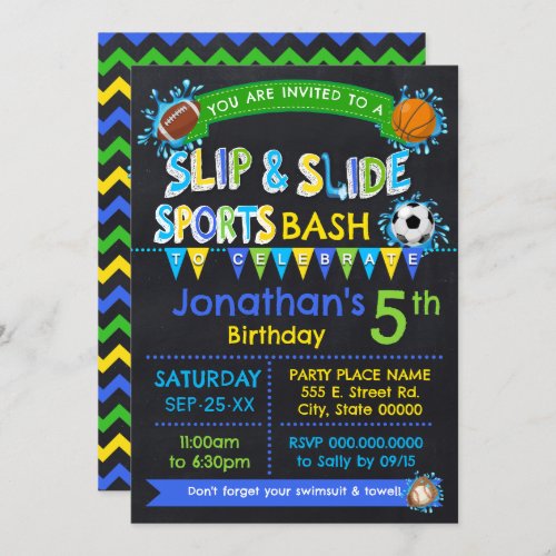 Blue Slip  Slide Sports Birthday Summer Party Invitation