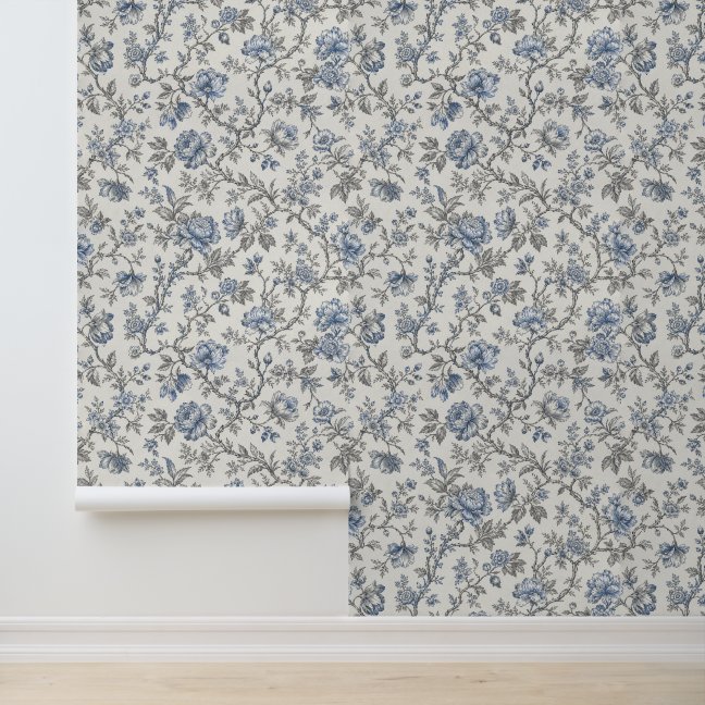 Blue Small Floral Branch Pattern on Warm White Wallpaper