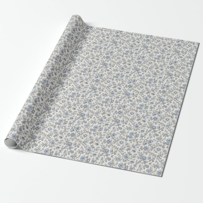 Blue Small Floral Branch Warm White Wrapping Paper