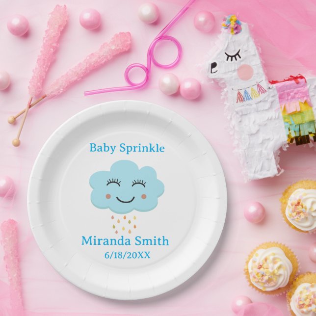 Blue smiling cloud raindrops baby sprinkle  paper plates (Party)