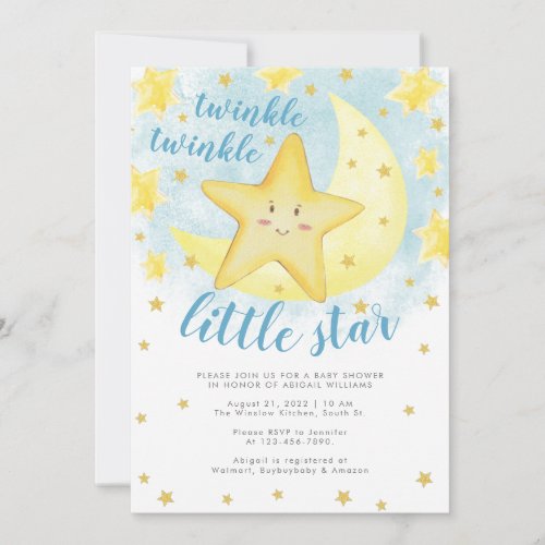 Blue Smiling Gold Twinkle Little Star Baby Shower Invitation