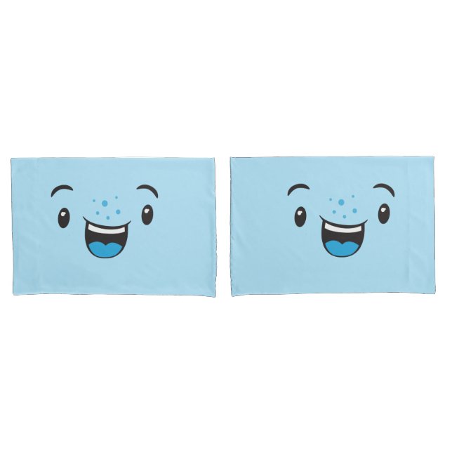 Blue Smiling Kawaii Face Pillow Case Set (Front-Set)