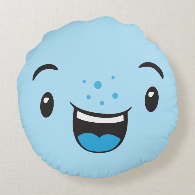 Blue Smiling Kawaii Face Round Pillow (Back)