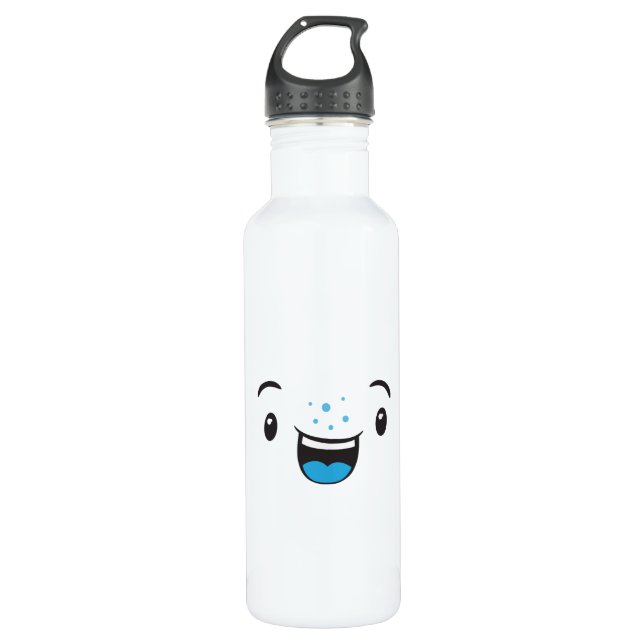 Blue Smiling Kawaii Face Stainless Steel Water Bottle (Front)