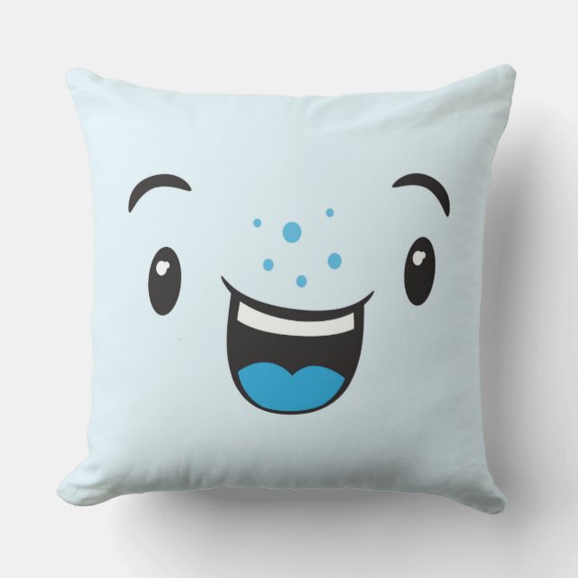 Blue Smiling Kawaii Face Throw Pillow (Front)