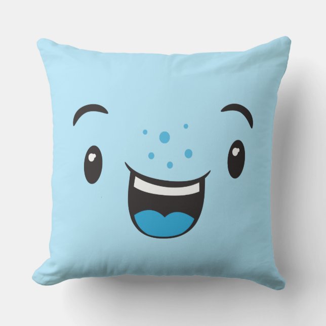 Blue Smiling Kawaii Face Throw Pillow (Front)