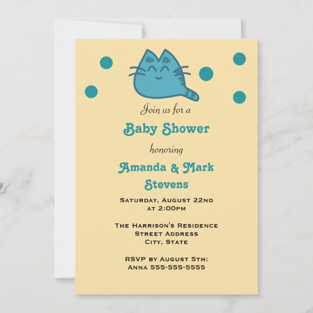 Blue Smiling Kitty Cat Baby Shower Invitation (Front)