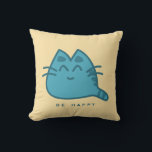 Blue Smiling Kitty Cat Throw Pillow<br><div class="desc">a cute cartoon drawing of a bluesmiling kitty cat. Be happy,  written underneath.</div>