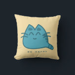 Blue Smiling Kitty Cat Throw Pillow<br><div class="desc">a cute cartoon drawing of a bluesmiling kitty cat. Be happy,  written underneath.</div>