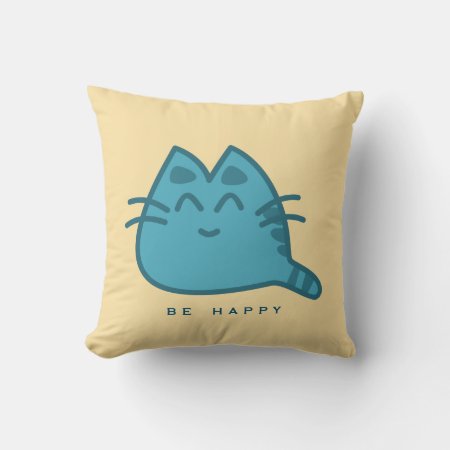 Blue Smiling Kitty Cat Throw Pillow