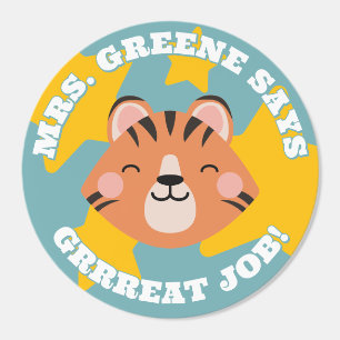 Blue Smiling Tiger Teacher Says Great Job! Classic Round Sticker