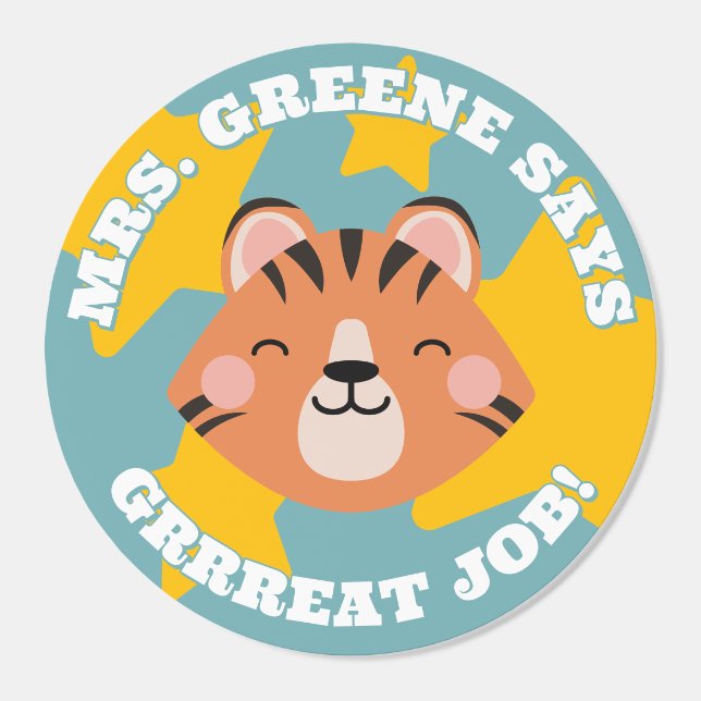 Blue Smiling Tiger Teacher Says Great Job! Classic Round Sticker (Single)