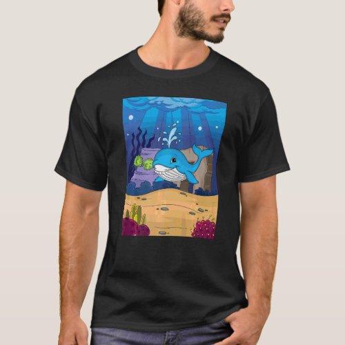 Blue Smiling Whale Swimming Under Water Alone T_Shirt