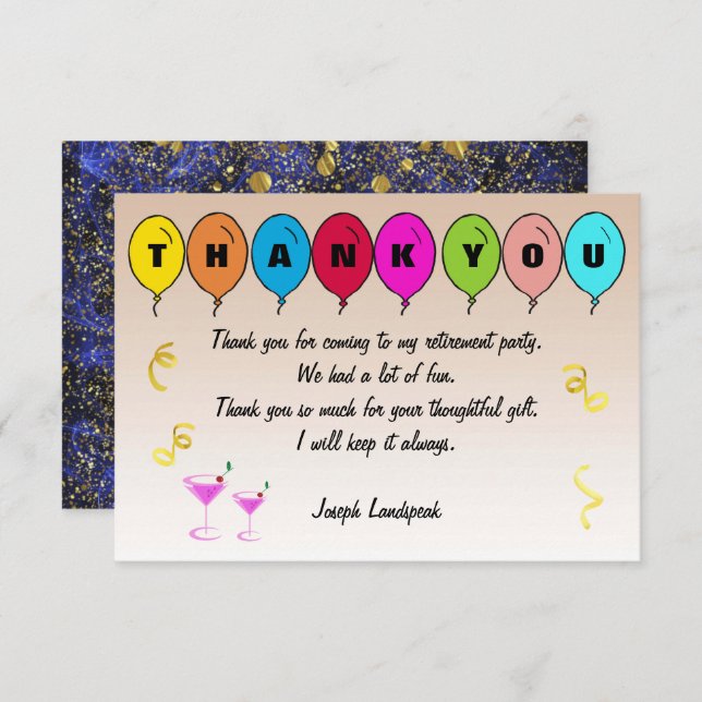 Blue Smoke Pattern & Balloons Retirement Thanks Note Card (Front/Back)