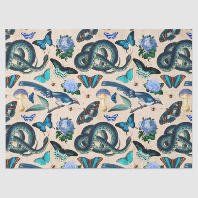 Blue Snakes Birds and Butterfly Decoupage Tissue Paper (Front)