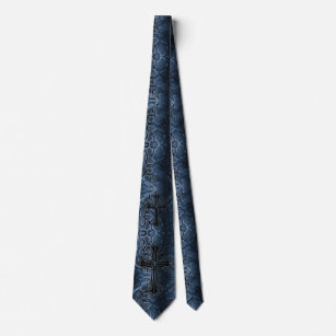 Blue Snakeskin Pattern w/ Black Midevil Cross on a Neck Tie