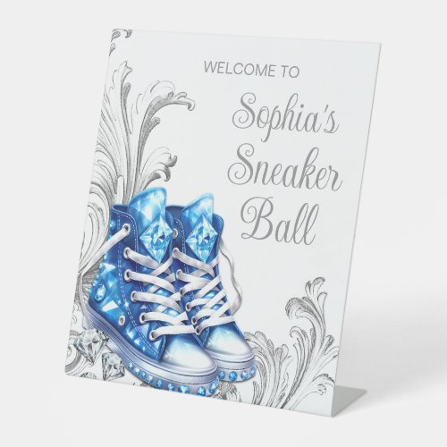 Blue Sneaker Ball Welcome Table Pedestal Sign