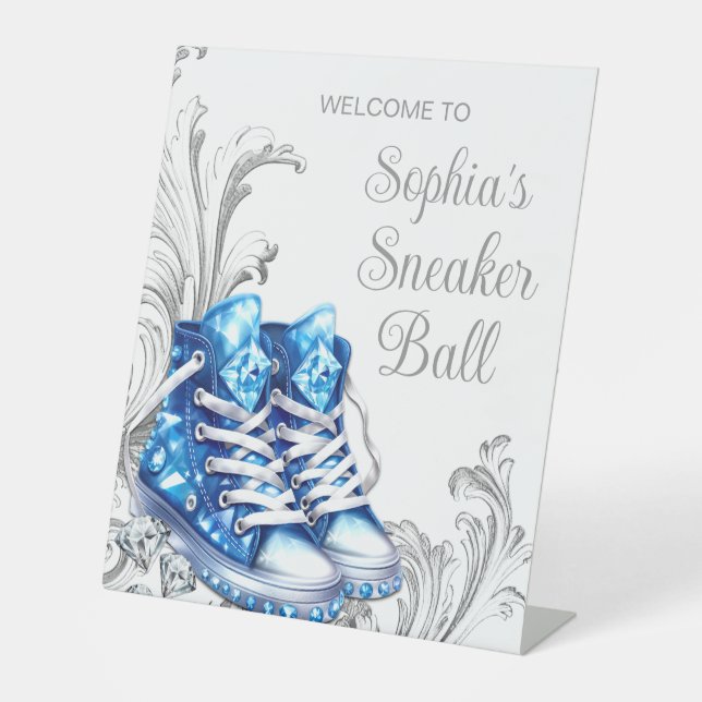 Blue Sneaker Ball Welcome Table Pedestal Sign (Front)