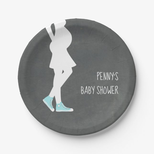 Blue Sneakers Baby Bump Baby Shower Paper Plates (Front)