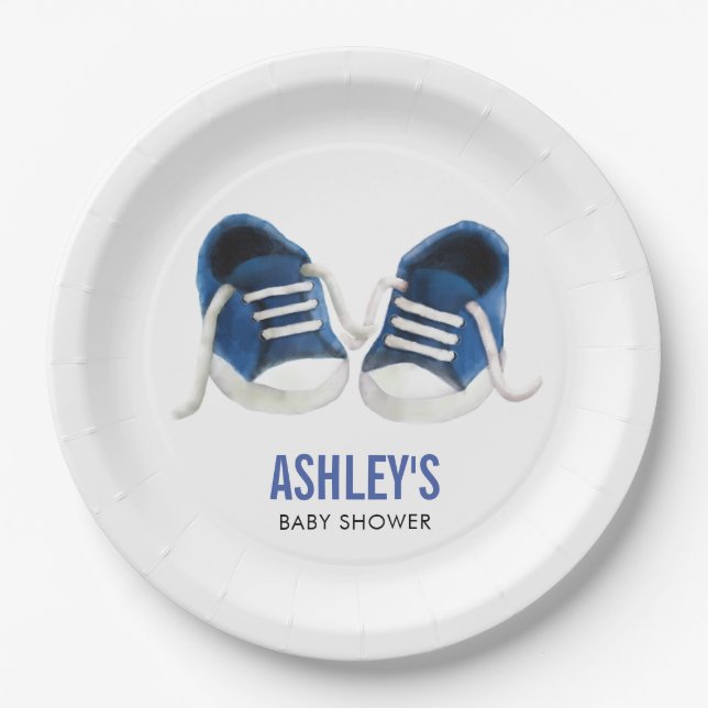 Blue Sneakers Baby Shower Paper Plates, Boy Shower Plates (Front)