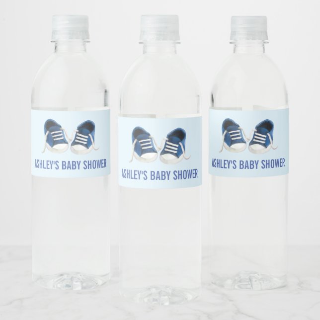 Blue Sneakers Baby Shower Water Bottle Labels (Bottles)