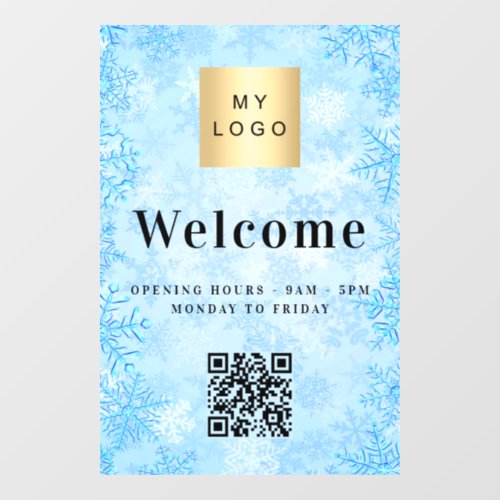 Blue snow business logo welcome opening QR code Window Cling