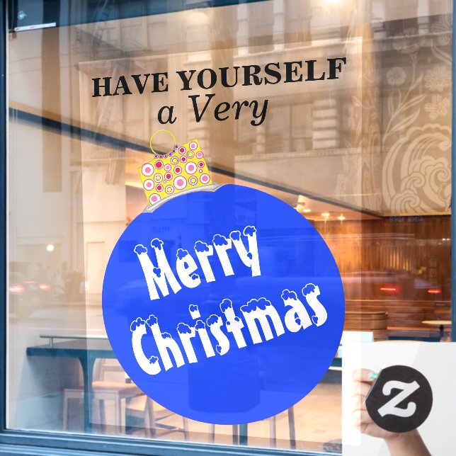 Blue Snow Capped Merry Christmas Ornament Window Cling (Cafe Window)