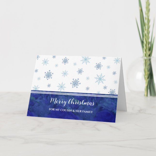 Blue Snow Cousin & Family Merry Christmas Card (Front)