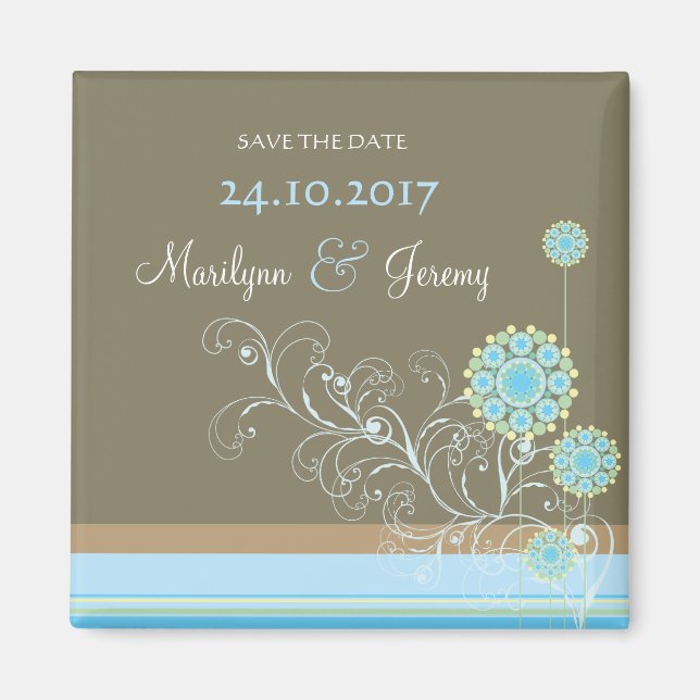 Blue Snow Flower Swirls Chic Wedding Save The Date Magnet (Front)