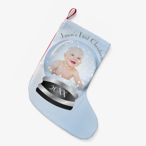 blue snow globe baby boy first Christmas Small Christmas Stocking Zazzle