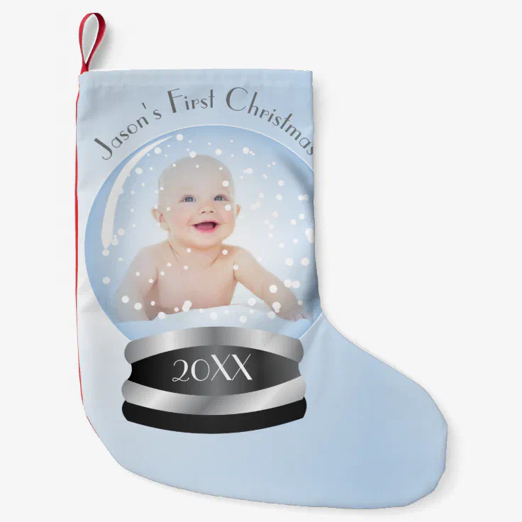 blue snow globe baby boy first Christmas Small Christmas Stocking Zazzle