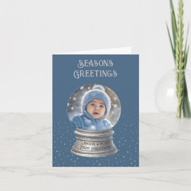 Blue Snow Globe Photo Flat Holiday Card (Front)