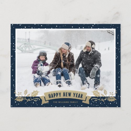 Blue Snow Holly Family Photo Happy New Year Holiday Postcard