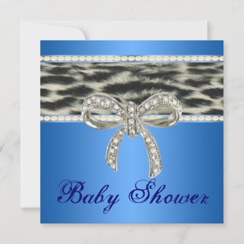 Blue Snow Leopard Diamond Bow Baby Shower Invite