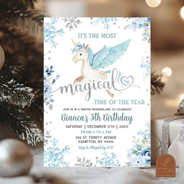Blue Snow Magical Unicorn Winter Birthday Invitation (Creator Uploaded)