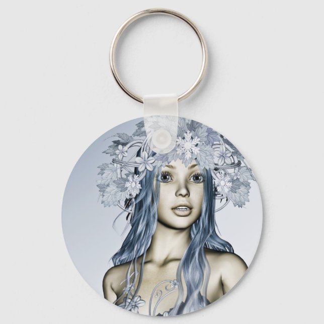 Blue Snow Maiden Winter Fantasy Portrait Keychain (Front)