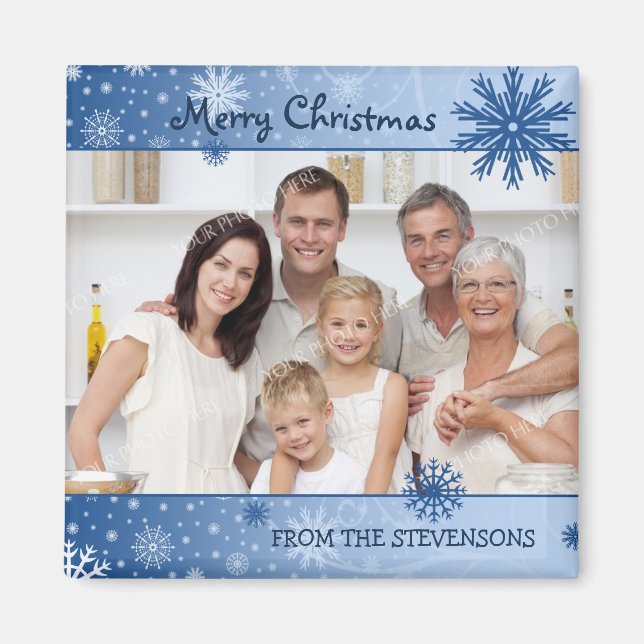 Blue Snow Merry Christmas Photo Magnet (Front)