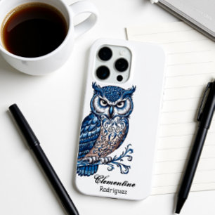 Blue Snow Owl Wood Carving iPhone 15 Pro Max Case