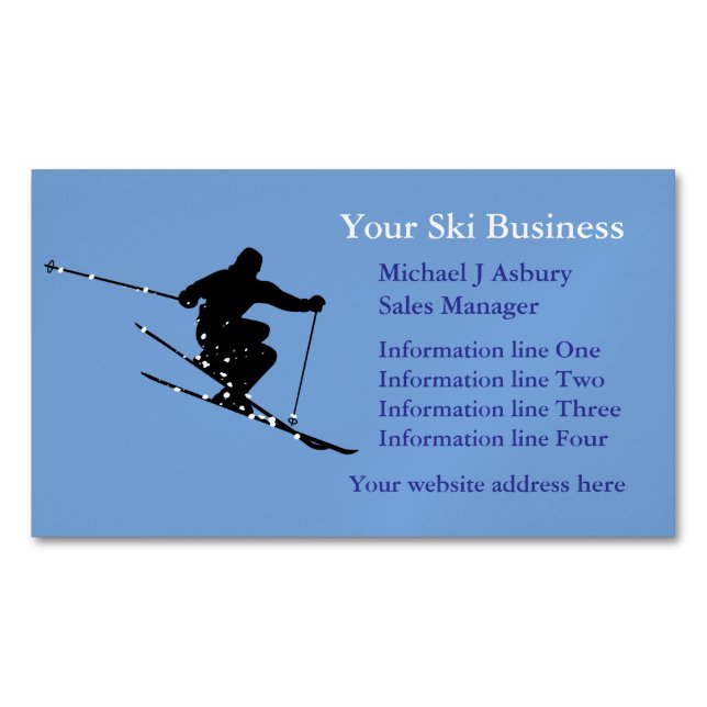 Blue Snow Skier Logo Magnetic Business Card (Front)