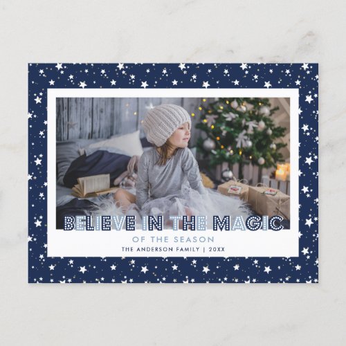 Blue Snow Stars Believe Photo Holiday Postcard